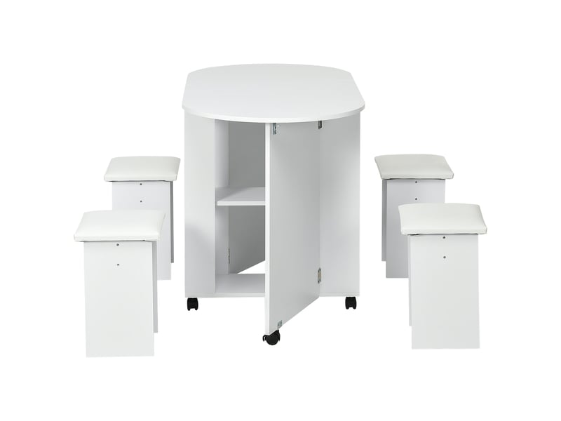  Ensemble de cuisine 5 pièces, table pliante avec 2 étagères et 4 tabourets en aggloméré, blanc  - Conforama B