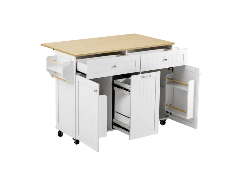  Îlot de cuisine mobile 140 cm avec plateau extensible, 2 tiroirs et étagères réglables, blanc et naturel Jamama eleni - Conforama A