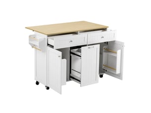 Îlot de cuisine mobile 140 cm avec plateau extensible, 2 tiroirs et étagères réglables, blanc et naturel