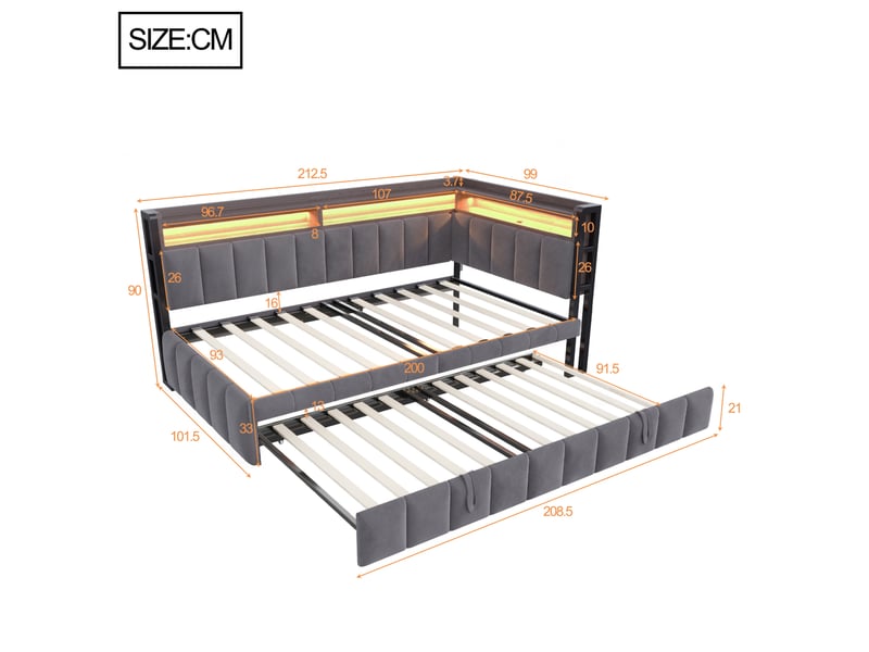  Lit gigogne 90x200 cm en velours gris foncé avec led et ports usb  - Conforama C