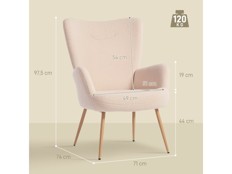  Fauteuil de salon, fauteuil d'appoint rembourré, tissu bouclette, 74x71x97.5cm, beige  - Conforama E
