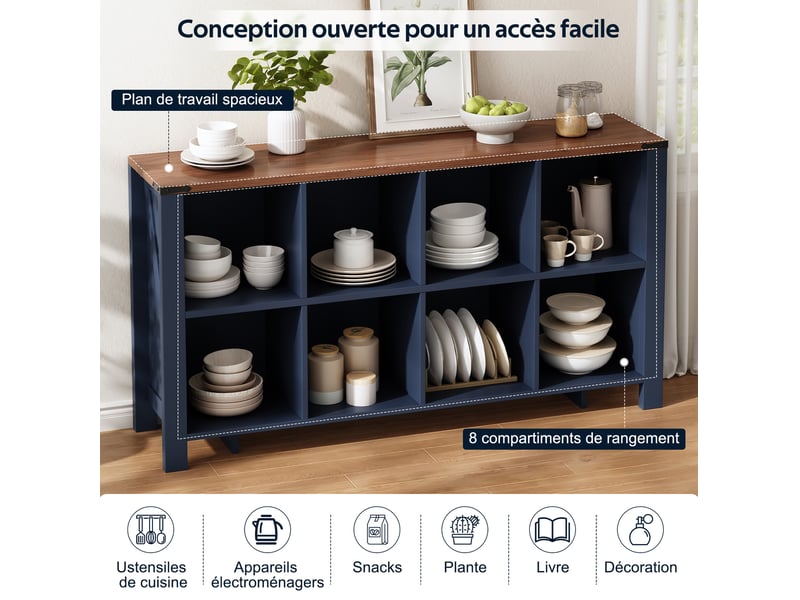  Meuble de rangement avec 8 niches ouvertes, en mdf bleu, pour cuisine, salon et salle à manger, 140 × 34 × 75 cm  - Conforama E
