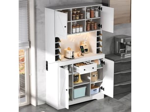 Buffet de cuisine haut avec étagères réglables, tiroir, range-bouteilles, led et prises, en mdf blanc, 105 × 40 × 180 cm