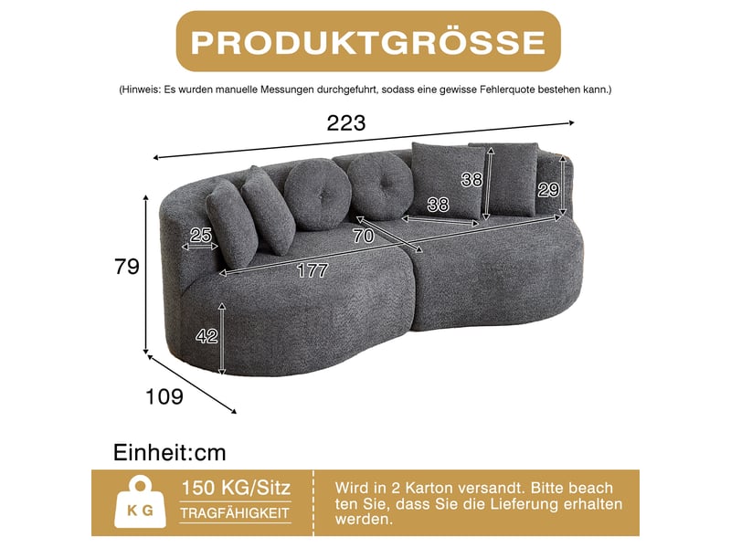  Canapé 2 places - 223 x 109 x 79 cm - canapé de salon divan lounge design cashew et rembourré en chenille - gris  - Conforama E