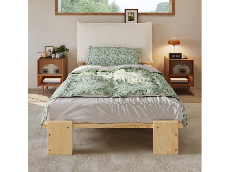  Lit 90x200 cm avec dossier confortable, lattes stables et pieds larges en bois naturel sans matelas  - Conforama B