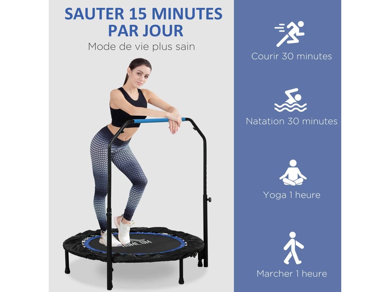  Trampoline de fitness gymnastique avec poignée réglable, pliable, 6 pieds, 28 ressorts ø 102 cm, noir bleu  - Conforama W