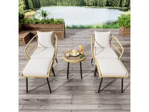 Ensemble salon de jardin en rotin 5 pièces naturel, 1 table, 2 chaises et 2 tabourets