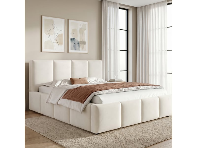 Lit plateforme 180x200 cm beige, tissu chenille, tête de lit rembourrée 11 cm, sommier à lattes inclus, structure anti-glissement  - Conforama R