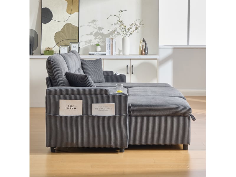  Canapé scandinave 4 places 272x136x86 cm, 2 méridienne réversible, coffres, porte-gobelets, usb-c, velours côtelé gris  - Conforama E