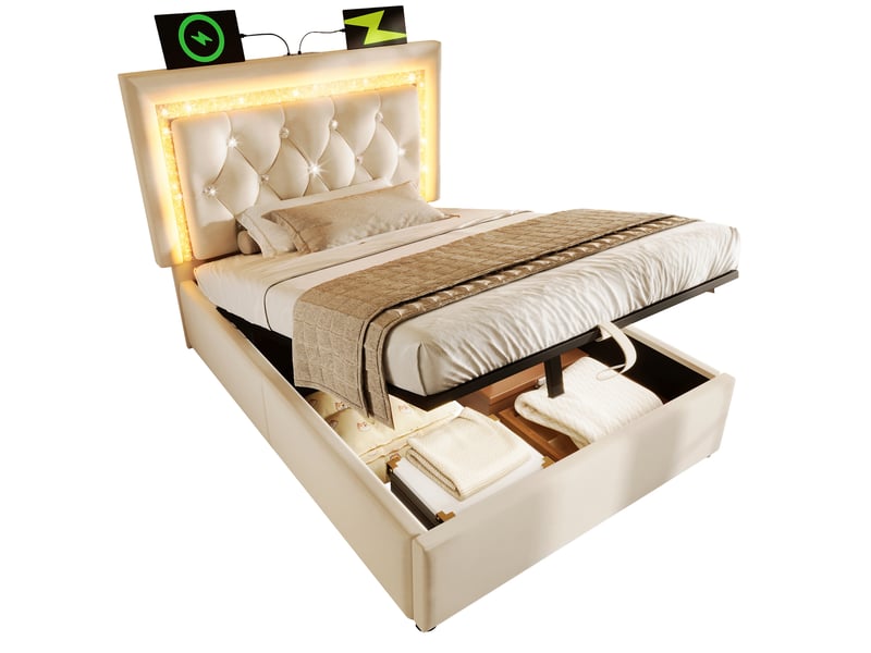  Lit coffre 90x200 cm led tête diamant, ports usb et usb‑c, design moderne, velours beige capitonné, sans matelas  - Conforama A
