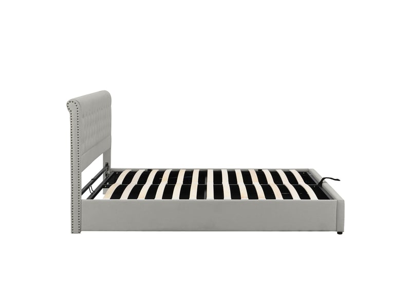  Lit double rembourré 140x200 cm avec sommier à lattes, cadre de lit adulte avec tête de lit en coton et lin,lit adulte, gris  - Conforama R