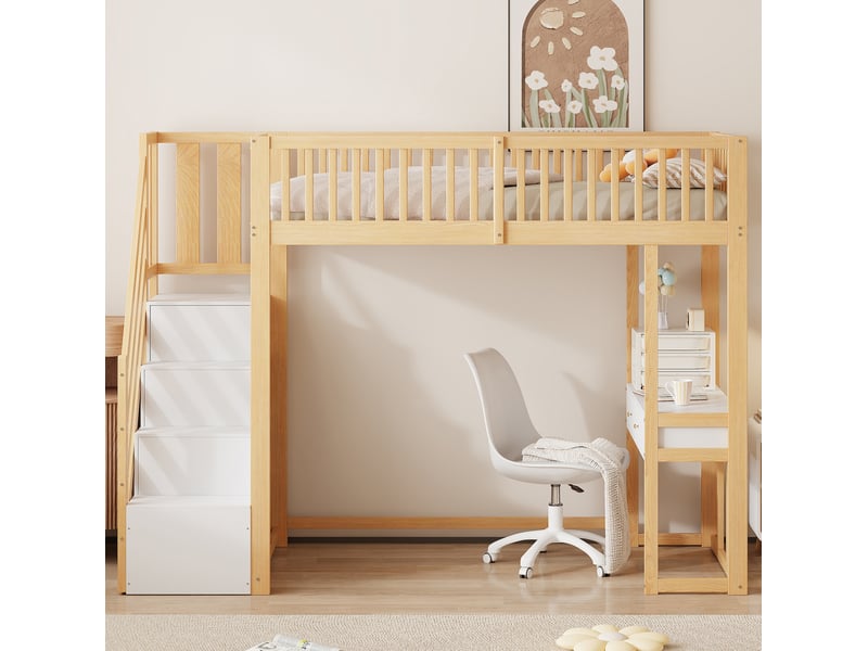  Lit mezzanine enfant 90x200 cm avec bureau, escalier de rangement, blanc et bois  - Conforama D