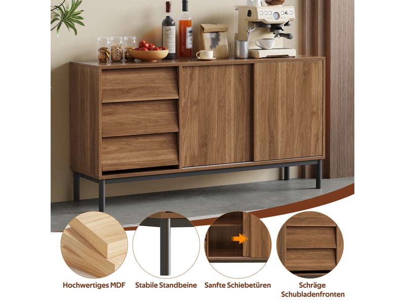 Buffet avec 3 tiroirs et 2 portes coulissantes pour cuisine en mdf 150×40×80 cm bois naturel - Conforama C
