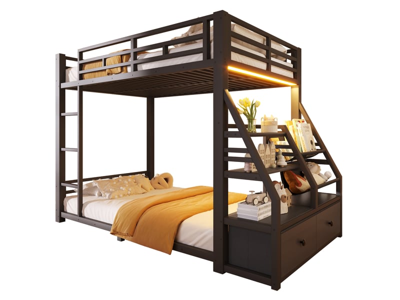  Lit superposé 90x200 cm en métal noir avec éclairage led et 2 tiroirs  - Conforama A