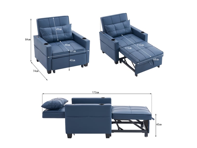  Canapé d'appoint 3-en-1 extensible - avec porte-gobelets et port usb, fauteuil-lit, fauteuil, parfait pour les petits espaces  - Conforama E