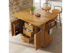 Desserte de cuisine avec 3 tiroirs, extensions rabattables et roulettes freinées pour cuisine 142,5 × 80 × 95 cm