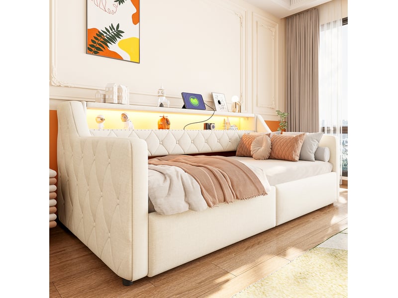  Lit banquette 90x200 cm équipé de bande led, levage hydraulique, mdf, beige, matelas non fourni  - Conforama D