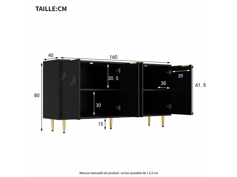  Buffet 4 portes avec étagères réglables et charnières à fermeture douce - lpospi - mdf noir 160 × 80 × 40 cm  - Conforama E