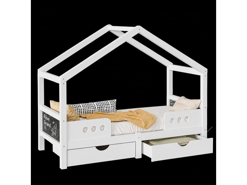  Lit cabane enfant avec 2 grands tiroirs et tableau intégré, bois et mdf, blanc, couchage 90 × 200 cm  - Conforama A