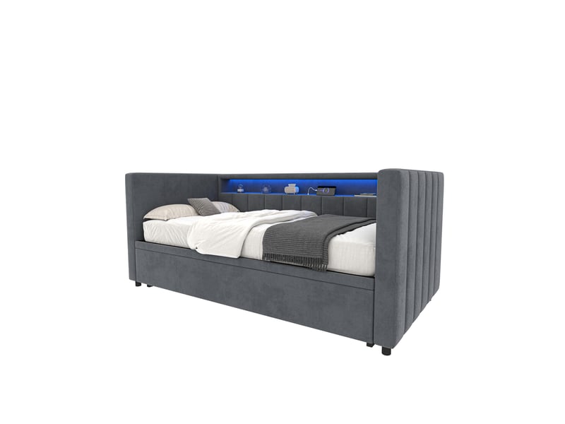  Lit gigogne 90x190 cm, rangement intégré, led et port usb type-c, design capitonné en velours gris  - Conforama A