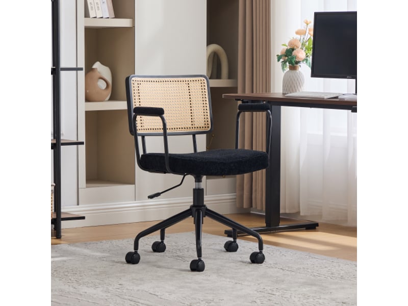  Chaise de bureau vintage en rotin avec roulettes – assise chenille, pivotante et réglable, cadre bois noir  - Conforama B