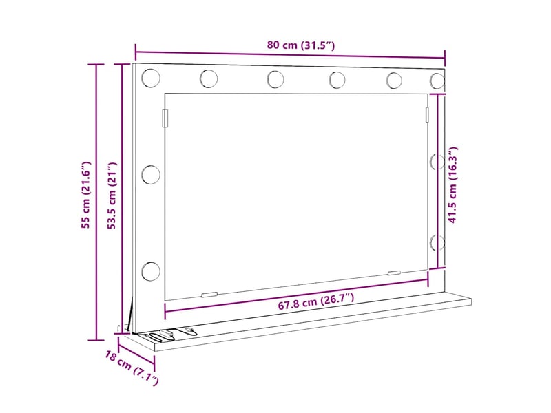  Miroir de vanité, miroir de coiffeuse blanc 80 x 15 x 18 cm verre et bois composite cf62740  - Conforama E