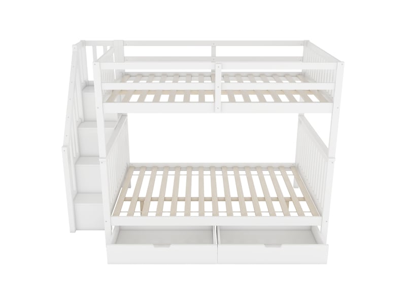 Lit superposé 2*140x200cm, lit enfant avec 2 tiroirs, espace de rangement et sommiers, pin blanc, sans matelas - Conforama E