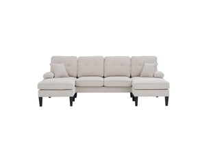 Canapé en u 4 places en lin beige avec deux méridiennes et rangement latéral intégré pour salon