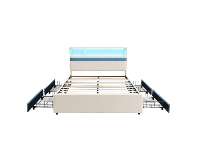 Lit double 140x200 cm avec 4 tiroirs, led et usb, velours blanc et bleu, sans matelas - Conforama D