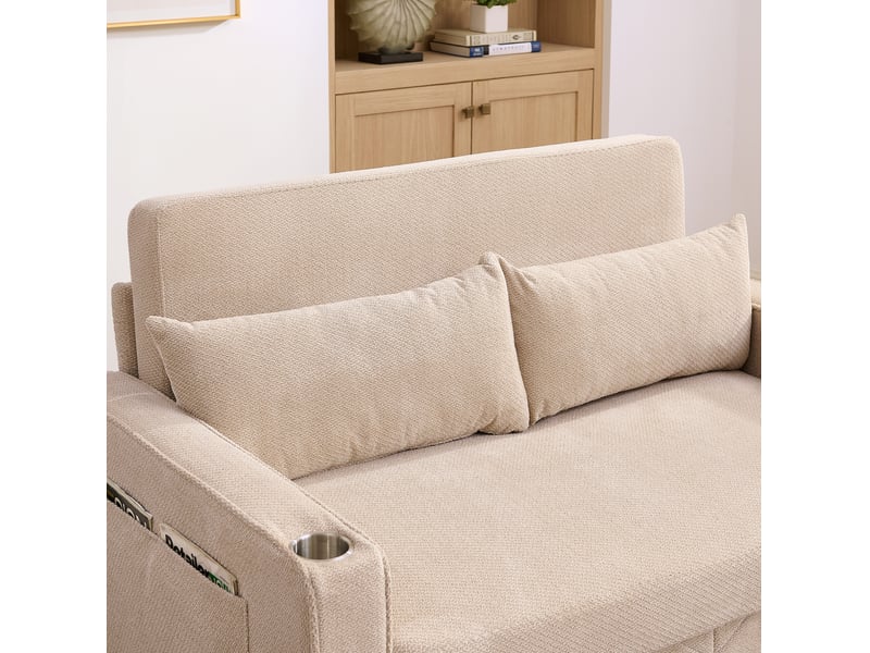  Canapé droit convertible 2 places en tissu beige avec ports usb, coulissant 3 en 1 pour petits espaces  - Conforama D