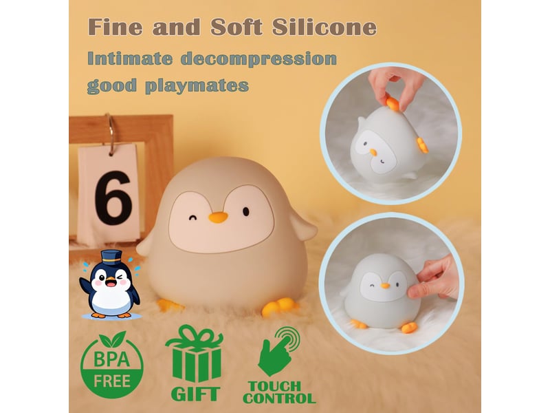 Veilleuse pingouin en silicone pour enfants, rechargeable, 50 h d’autonomie, commande tactile, minuterie - Conforama C