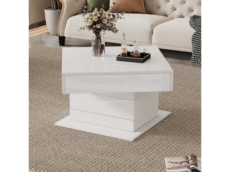  Table basse géométrique 70x70 cm – plateau pivotant 360°, relevable avec tiroir et rangement caché – blanc brillant  - Conforama D