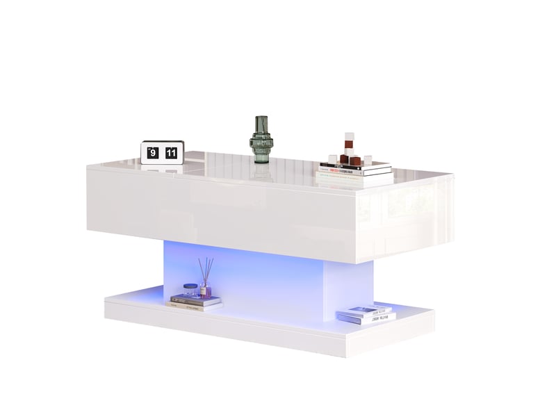  Table basse plateau relevable, table basse avec led et rangement, 100x50x45 cm, panneaux de particules, table basse blanc laqué.  - Conforama R