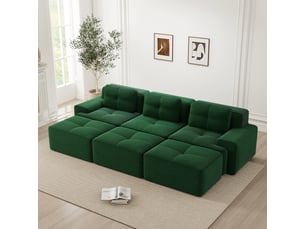 Canapé d'angle 3 places, transformable en lit, avec pouf, en velours côtelé, coloris vert, l293 x p177 x h69 cm, pour salon
