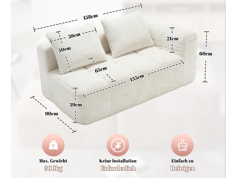  Canapé 2 places tissu en chenille douce avec coussins,canapé avec poches latérales,canapé modulable,design moderne beige 158x90x60cm - Conforama A