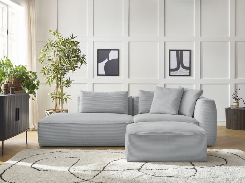 Bobochic canapé droit fixe 3 places leopold velours côtelé avec pouf gris clair accoudoir droit LEOPOLD - Conforama C