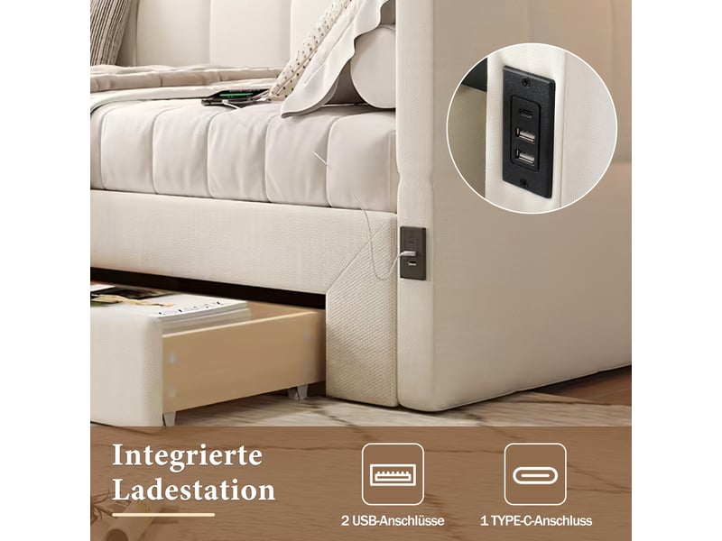  Lit banquette extensible 90x190 à 180x190 cm, canapé-lit avec 2 tiroirs de rangement, usbusb-c, lin beige  - Conforama E
