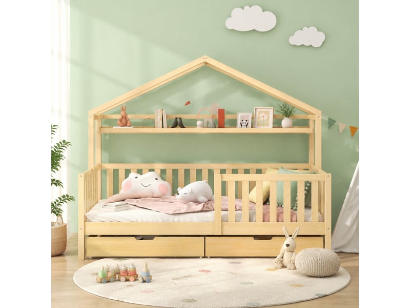  Lit cabane enfant 90x200 cm avec 2 tiroirs, pin et mdf, naturel  - Conforama D