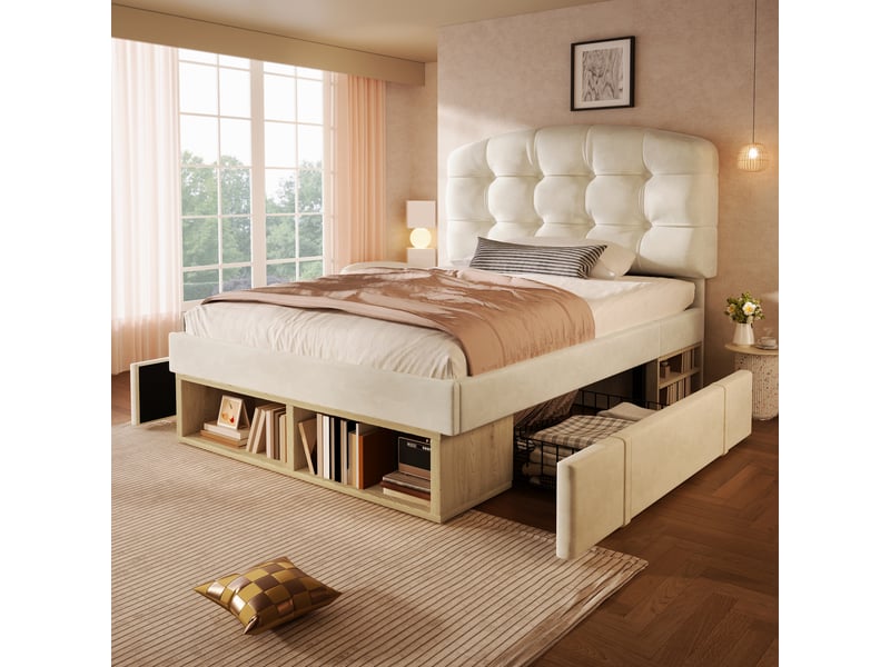 Lit simple 90x200 cm, lit rembourré en velours avec tête de lit courbée réglable en hauteur, tiroirs de rangement, sommier à lattes - beige  - Conforama B