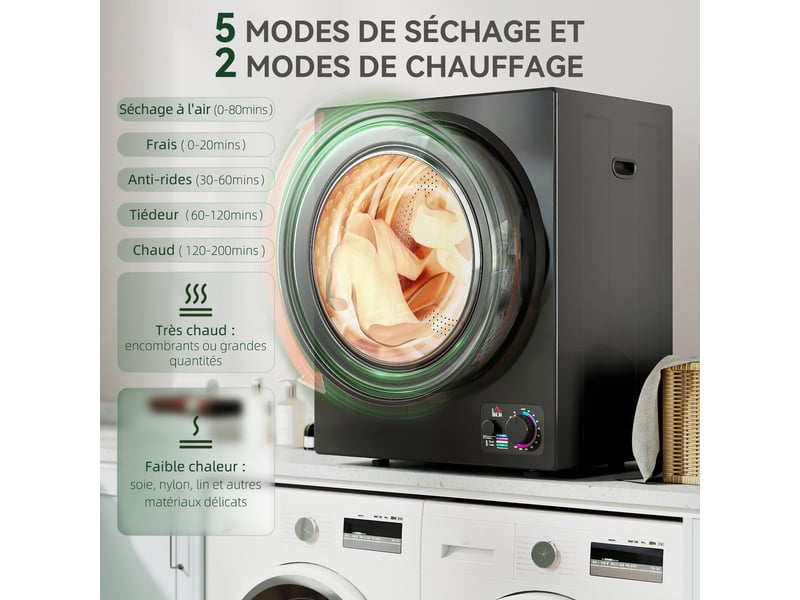  Sèche-linge électrique portable 850w, capacité 33l 4 modes de fonctionnement, acier inoxydable, noir, 49 x 40,5 x 60 cm  - Conforama A