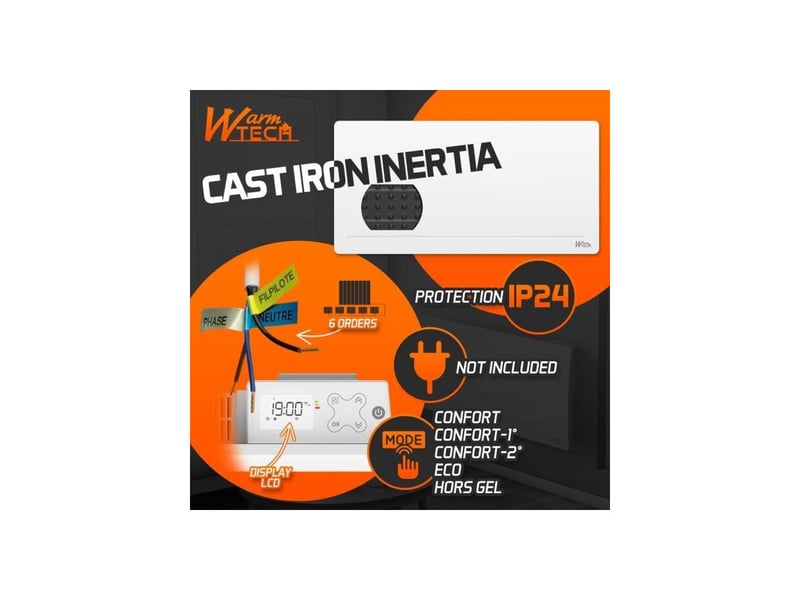  Radiateur inertie fonte 2000w horizontal blanc fil pilote 6 ordres thermostat lcd 6 modes ip24 AABLL16456 - Conforama C