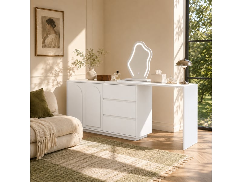  Coiffeuse 3 tiroirs, 2 portes et miroir à LED, meuble de maquillage pour chambre à coucher  - Conforama E