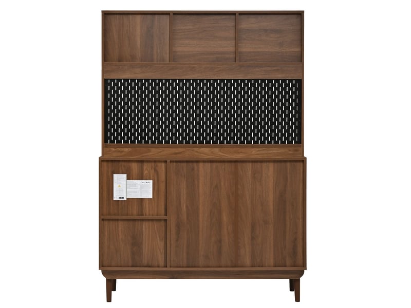 Buffet de cuisine à portes coulissantes en verre strié panneau arrière perforé tiroirs intégrés compartiments ouverts structure en mdf et panneaux de particules pieds en bois de pin - Conforama E