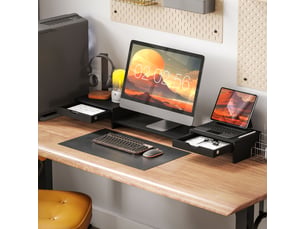 Rehausseur écran pc bureau, support d'écran d'ordinateur de 60-116 cm avec 2 tiroirs, longueur et angle réglables noir
