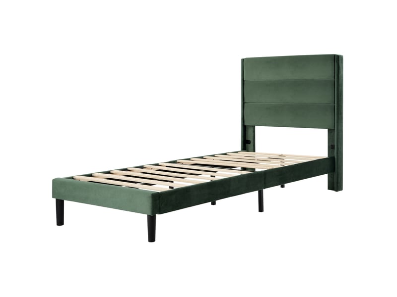  Lit simple enfant  90x200 cm en velours vert foncé avec sommier et matelas  - Conforama E