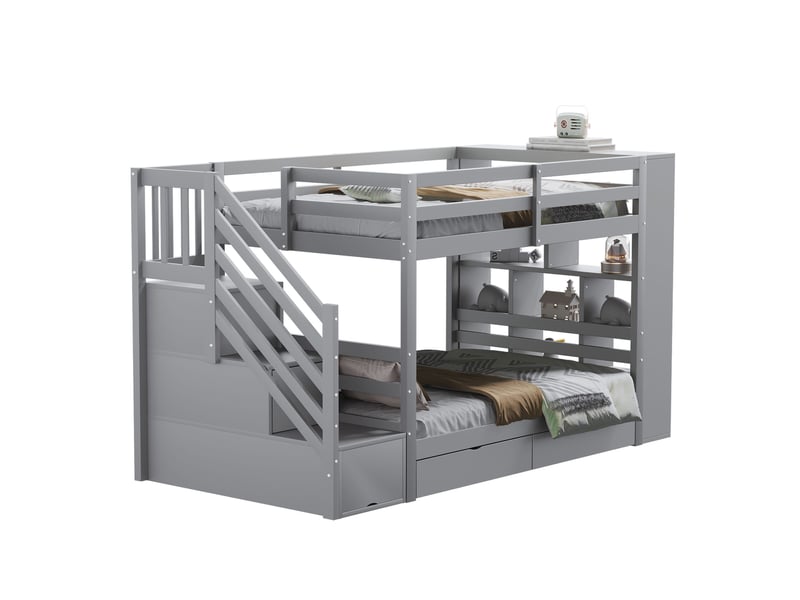  Lit superposé enfant et adolescent 90 x 200 cm gris, escalier et tiroirs de rangement  - Conforama A