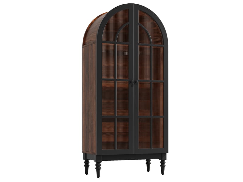 Buffet de cuisine haut noir, dimensions 152x38.5x165 cm, meuble rangement avec portes en verre et éclairage led pour salon - Conforama A