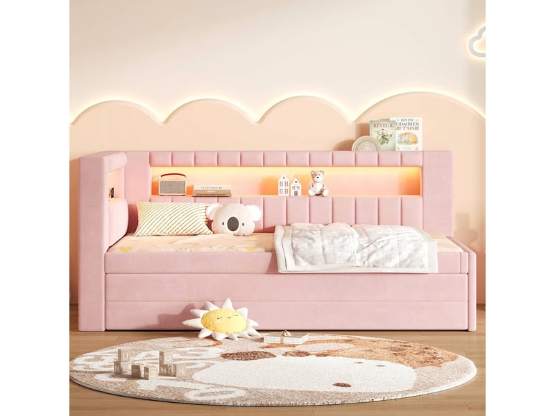  Lit banquette 90x200 rose avec led et usb, lit gigogne avec 3 tiroirs sans matelas  - Conforama B