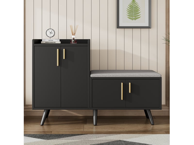  Banc à chaussures 120 cm avec 4 portes et assise rembourrée, noir et noyer foncé  - Conforama B