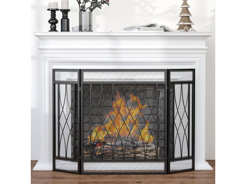 Pare-feu pliable en trois parties avec charnières et cadre métallique décoratif, 126 x 3 x 80 cm, noir  - Conforama C